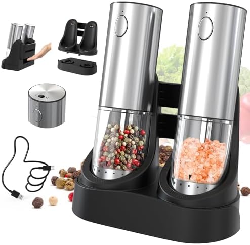 Electric Salt Pepper Grinder Set with 2-Speed LED Light Rechargeable Hygienic