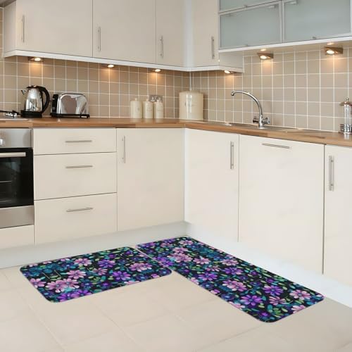 Purple Camellia Kitchen Floor Mat Set