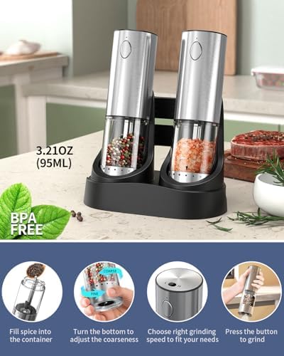 Electric Salt Pepper Grinder Set with 2-Speed LED Light Rechargeable Hygienic