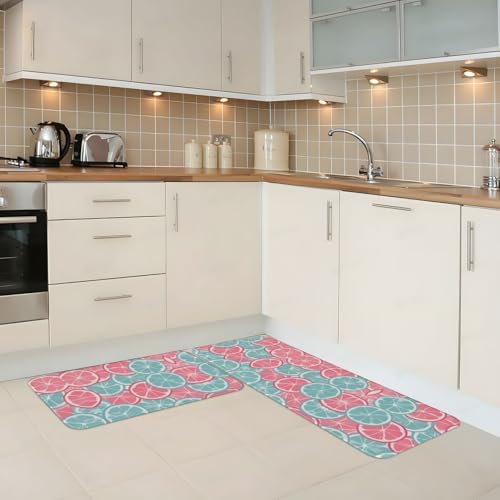 Relaxing Pink Blue Citrus Kitchen Mat with Non-Slip Waterproof Design