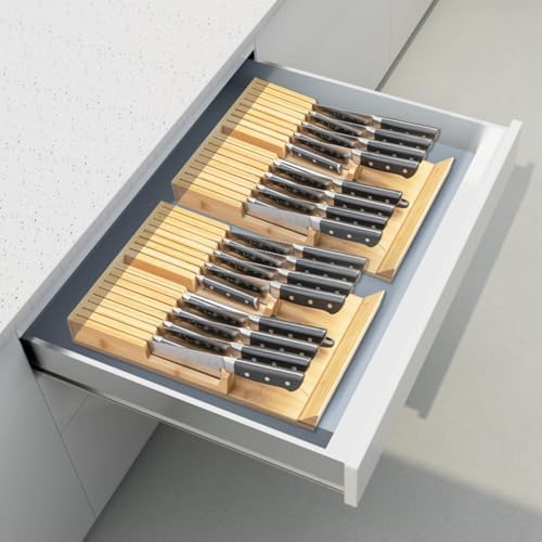 Bamboo In-Drawer Knife Block Organizer Holds 16 Knives 1 Sharpening Steel