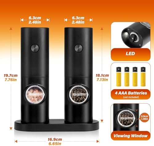 Stylish Electric Salt Pepper Grinder Set Black Adjustable Battery Operated