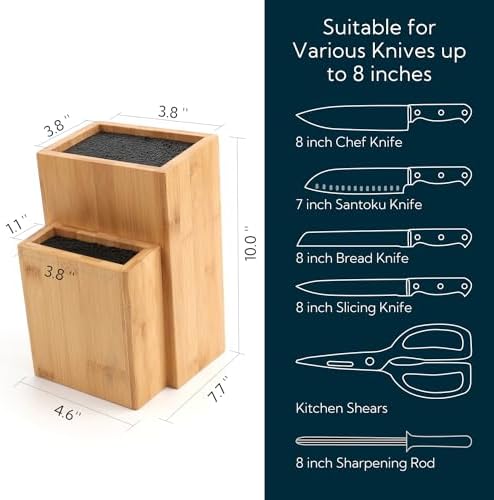 Bamboo Universal Knife Block with Detachable Bristles for Safe Storage