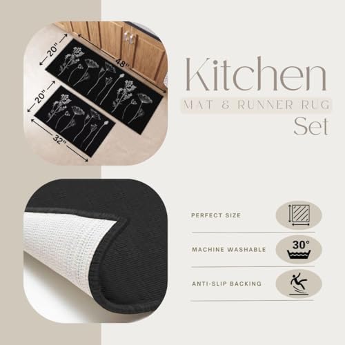 Set of Two Ewool Effect Kitchen Mat Runner 100 Polyamide Machine Washable BlackGray