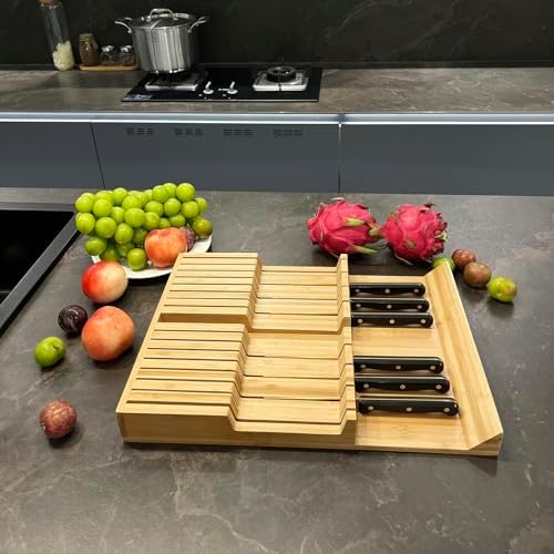 Bamboo In-Drawer Knife Block Organizer Holds 16 Knives 1 Sharpening Steel