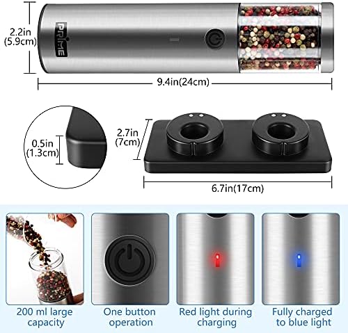 PrimeNew electric salt and pepper grinder set rechargeable with LED light
