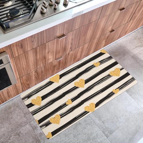 Stripes Golden Hearts Kitchen Mat