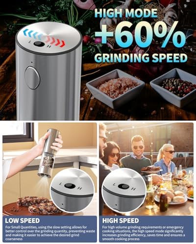 Electric Salt Pepper Grinder Set with 2-Speed LED Light Rechargeable Hygienic