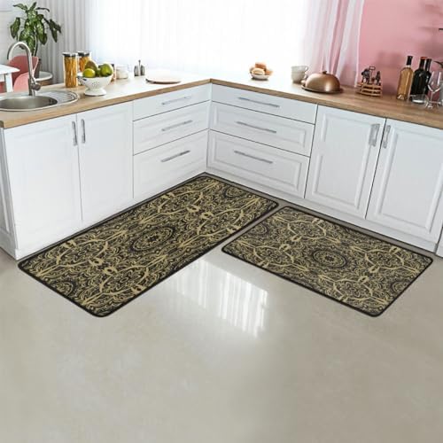 Gold Textured Ripple Designs Standing Kitchen Mats Anti-Fatigue Durable Set of 2