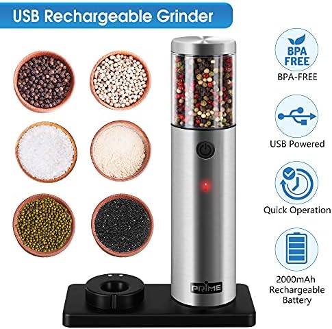 PrimeNew electric salt and pepper grinder set rechargeable with LED light