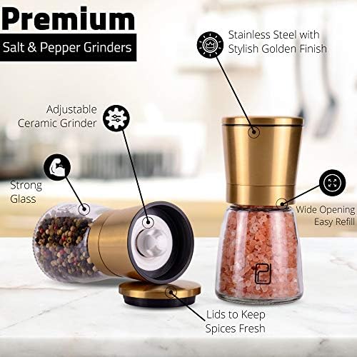 Golden Salt and Pepper Shucker Set with adjustable coarseness