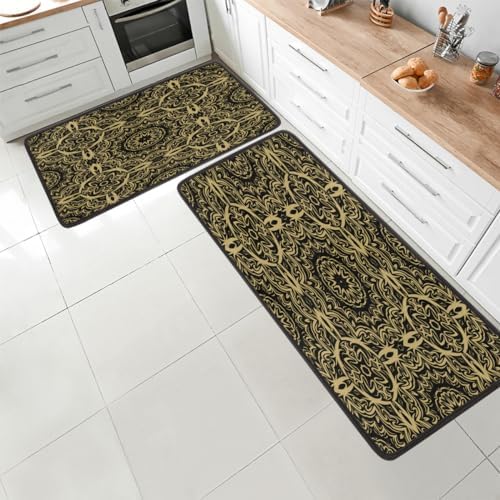 Gold Textured Ripple Designs Standing Kitchen Mats Anti-Fatigue Durable Set of 2