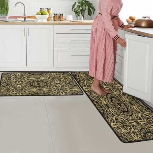 Gold Textured Ripple Designs Standing Kitchen Mats Anti-Fatigue Durable Set of 2
