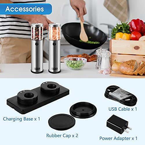 PrimeNew electric salt and pepper grinder set rechargeable with LED light
