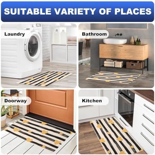 Stripes Golden Hearts Kitchen Mat