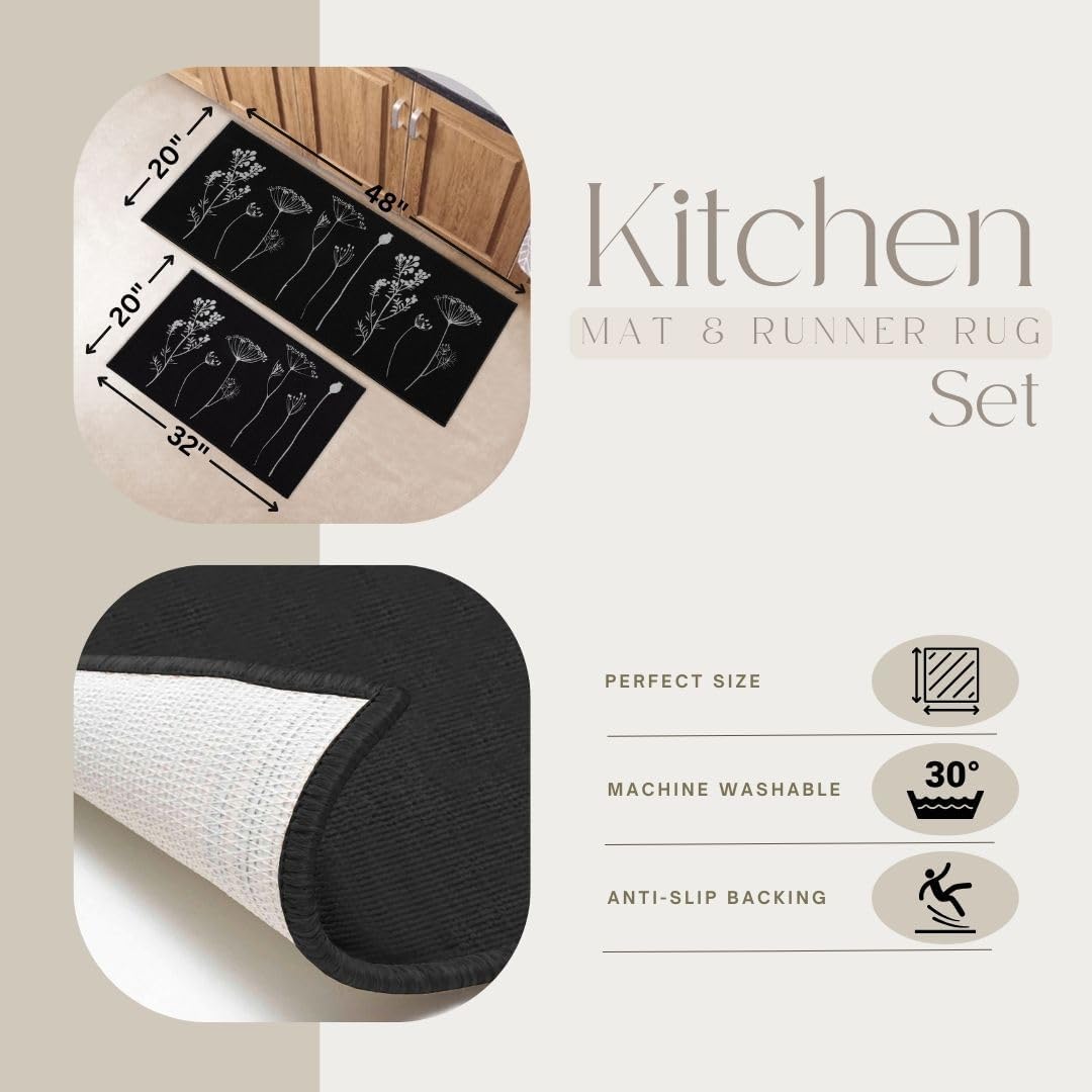 Set of Two Ewool Effect Kitchen Mat Runner 100 Polyamide Machine Washable BlackGray