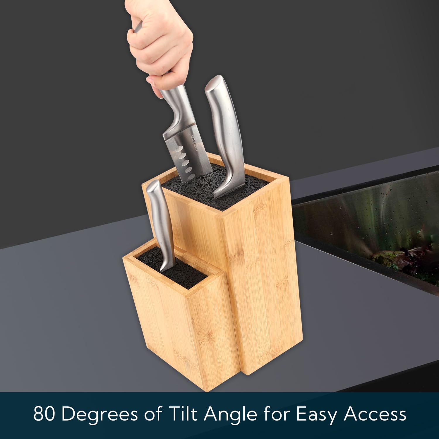 Bamboo Universal Knife Block with Detachable Bristles for Safe Storage