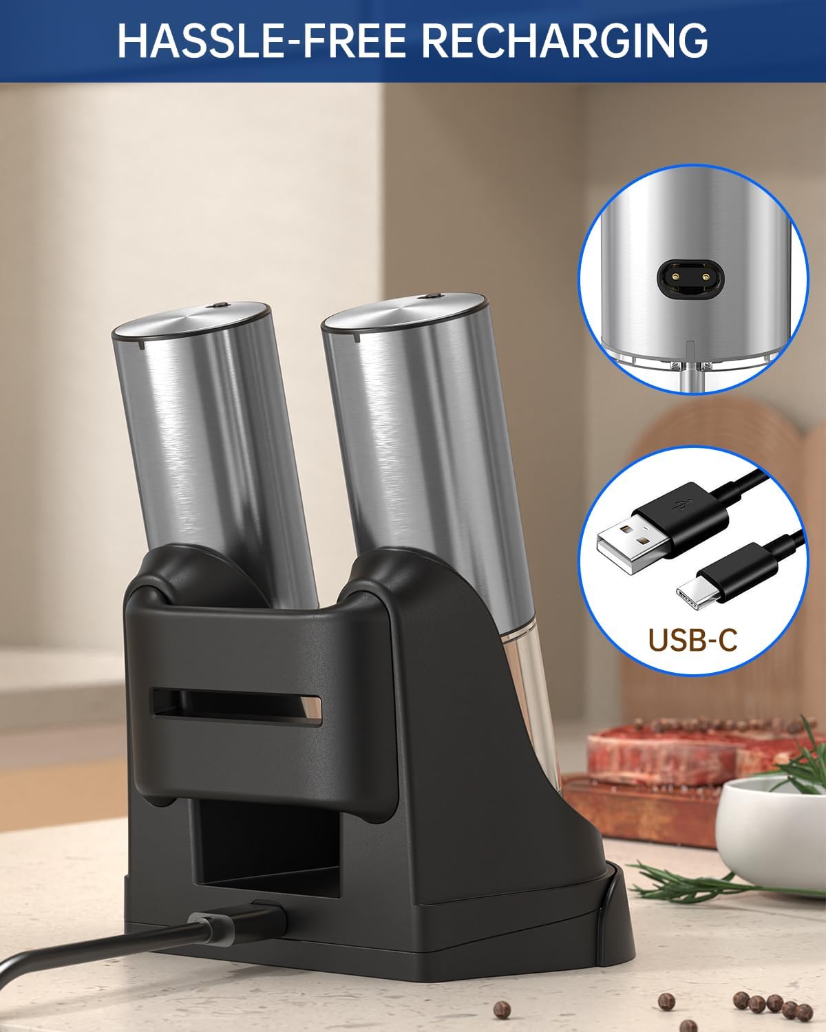 Electric Salt Pepper Grinder Set with 2-Speed LED Light Rechargeable Hygienic