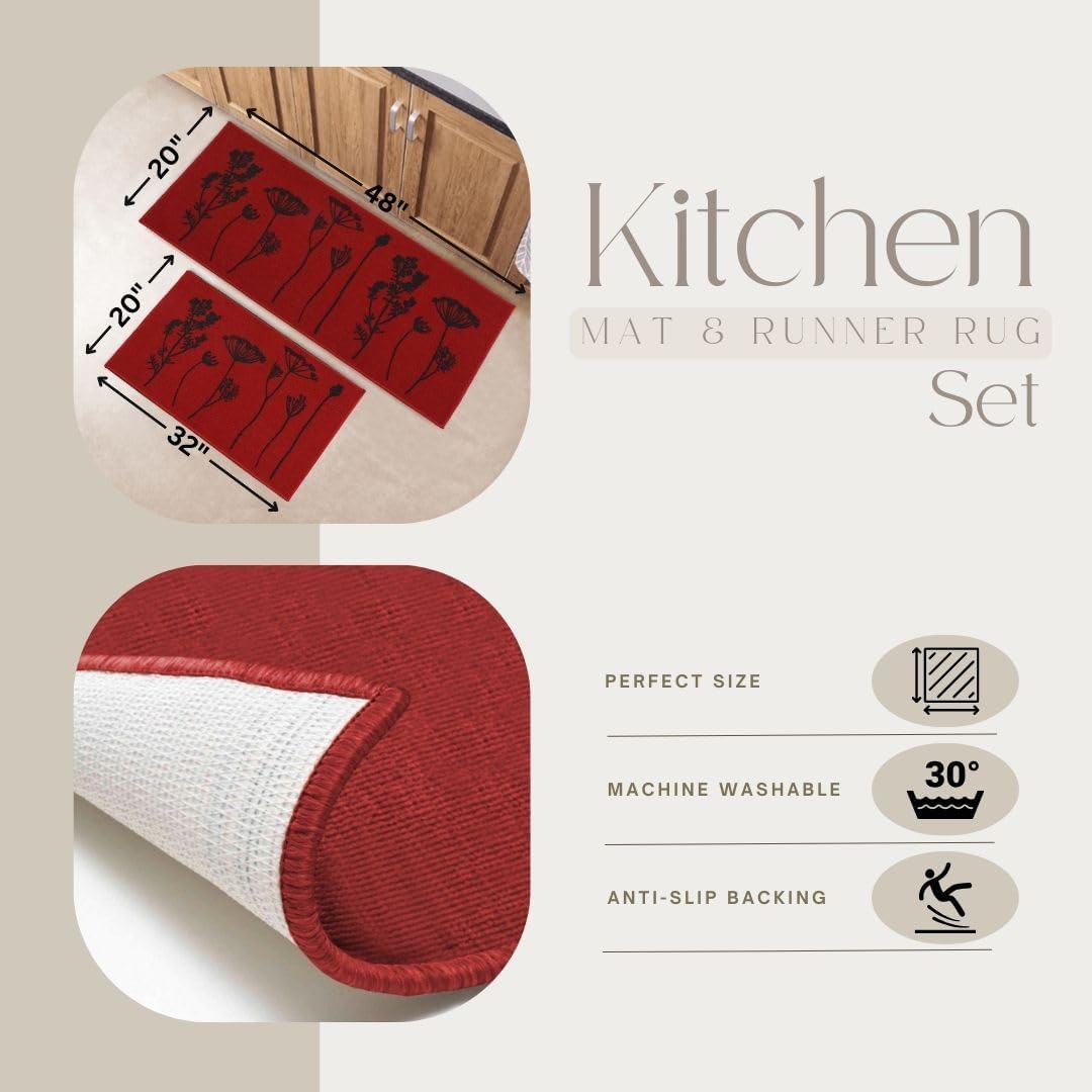 Luxury Wool Effect Kitchen Mat and Runner in RedBlack