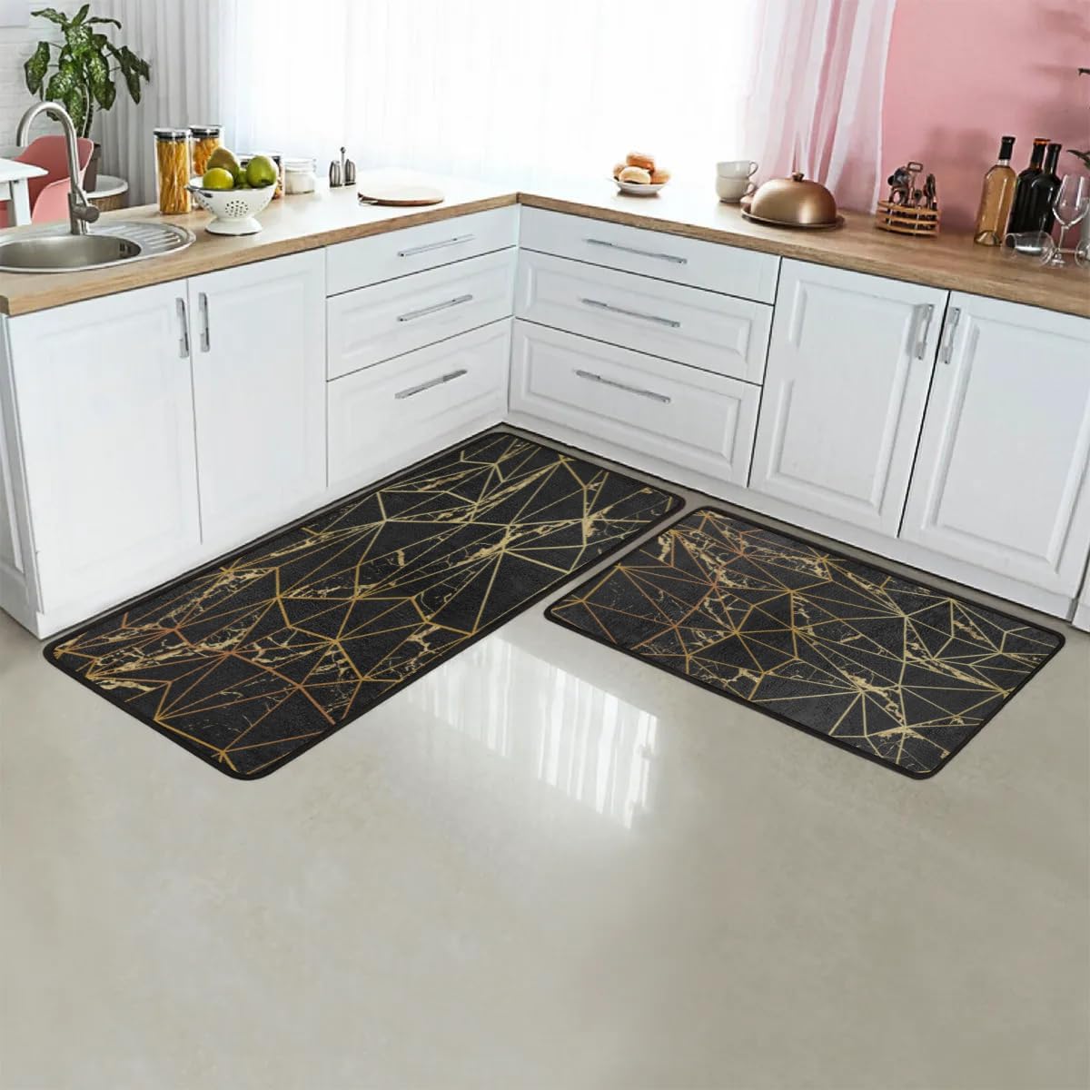 Marble Gird Pattern Kitchen Rugs Set of 2 - 17x29 17x47 inch