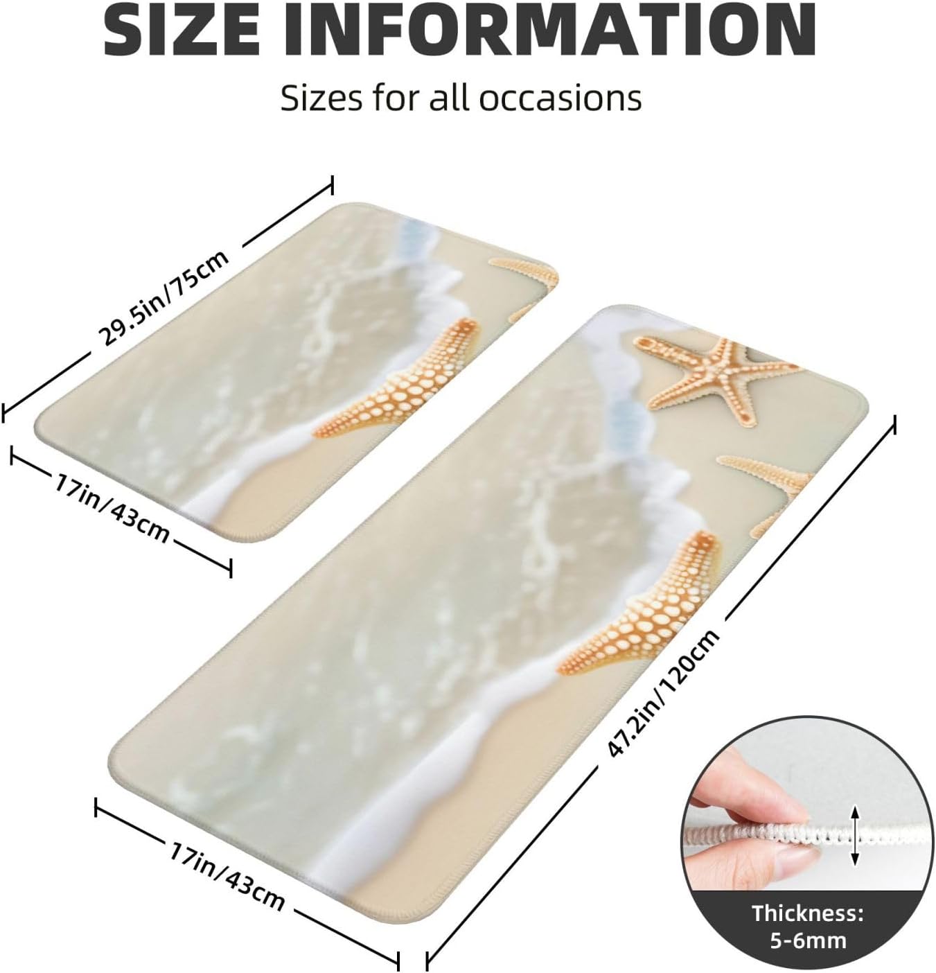 Beach Starfish Print Kitchen Mats 2Pcs Non-Slip Waterproof