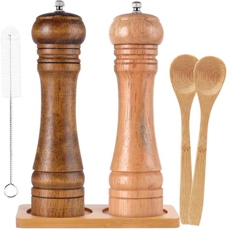 Premium Oak Wooden Salt and Pepper Mill Set with Adjustable Coarseness