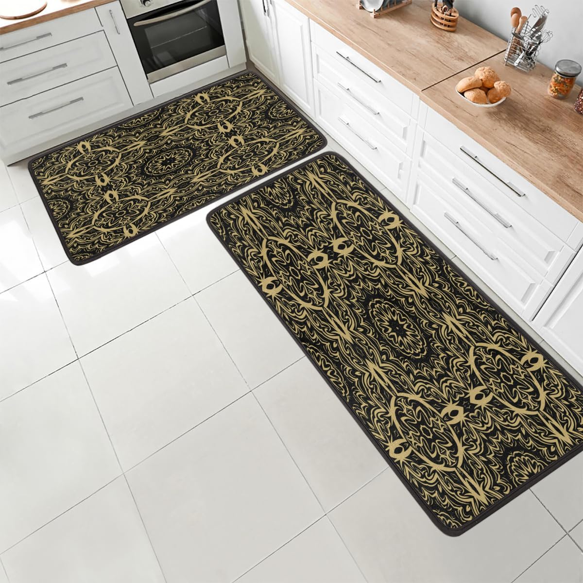 Gold Textured Ripple Designs Standing Kitchen Mats Anti-Fatigue Durable Set of 2