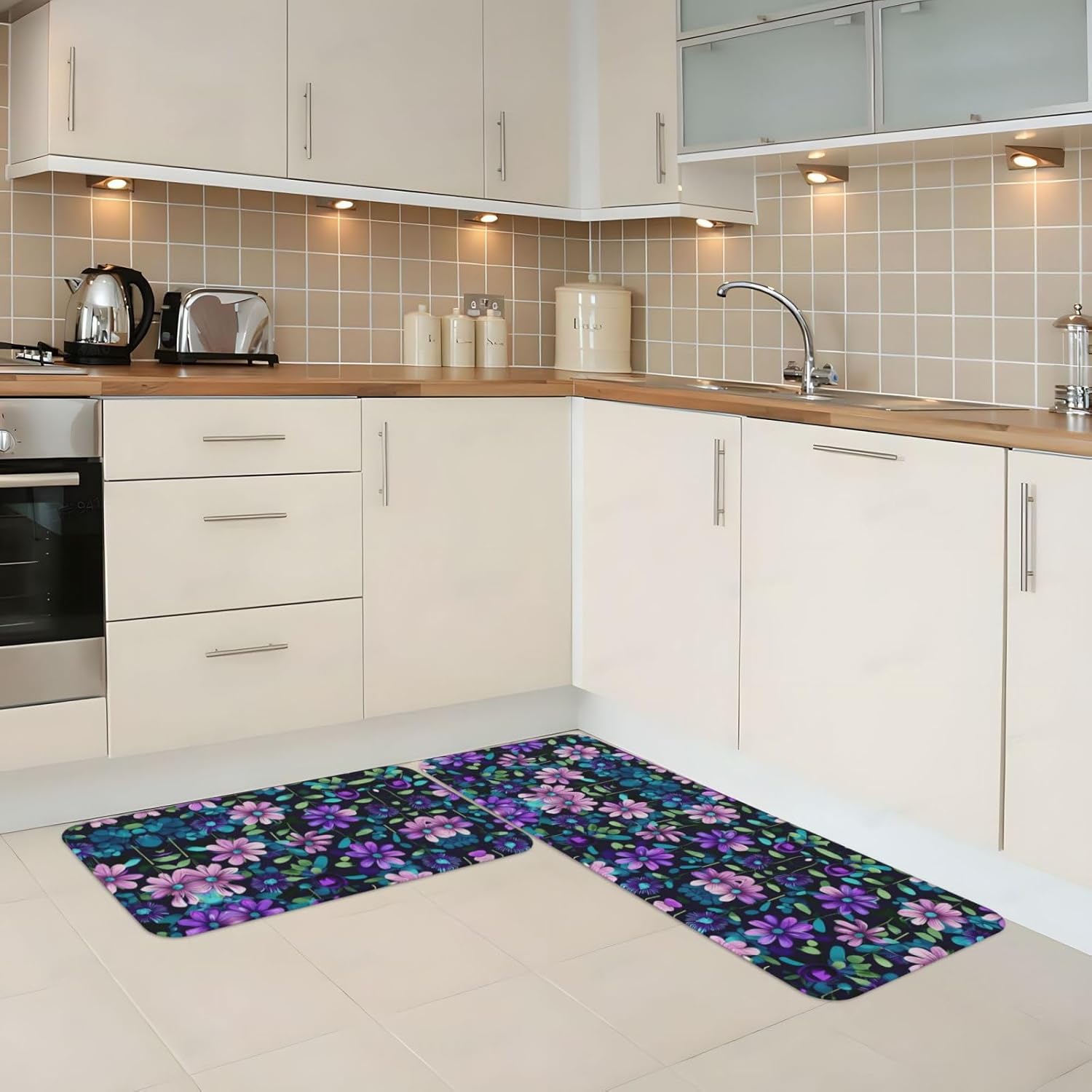Purple Camellia Kitchen Floor Mat Set