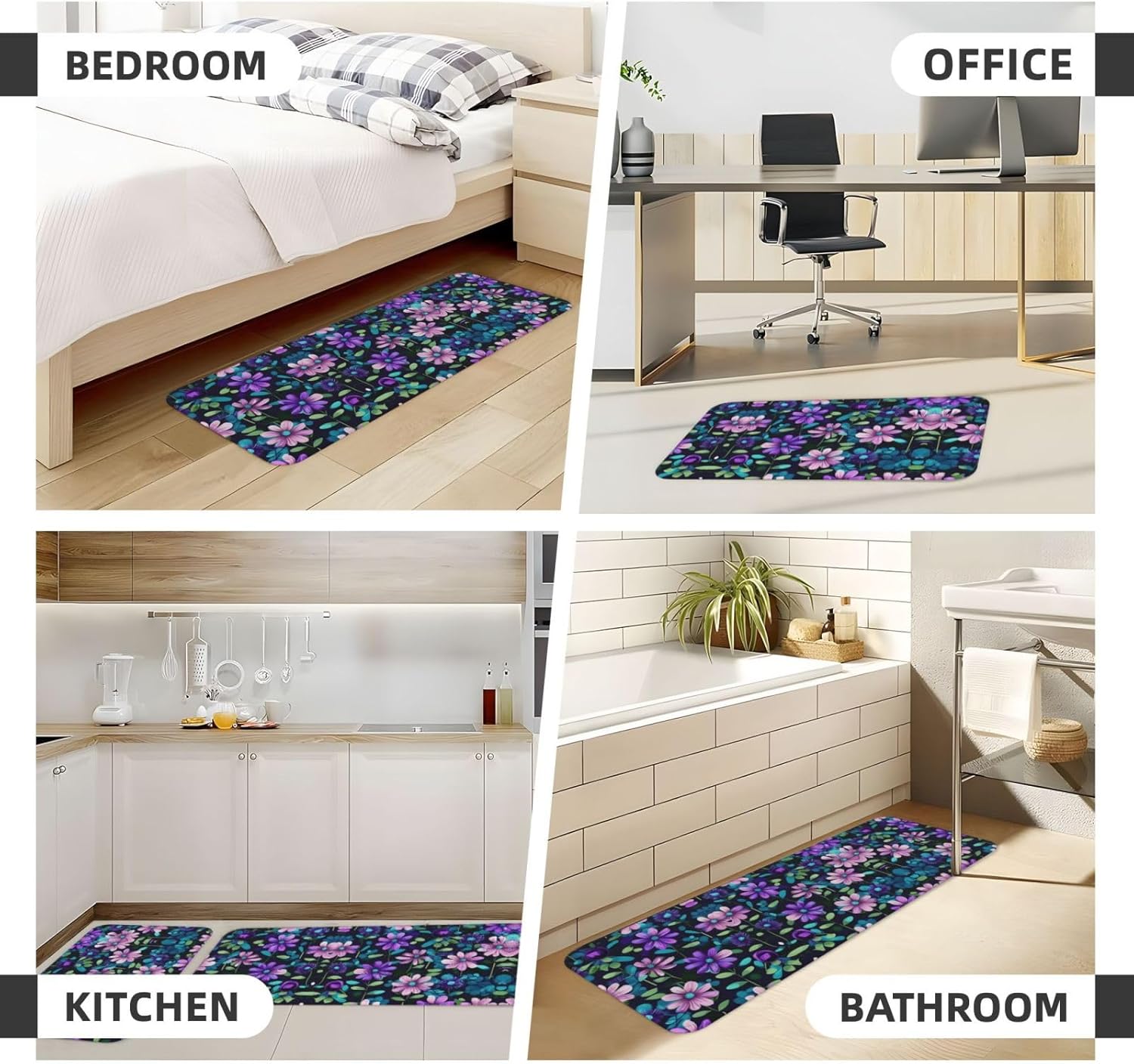 Purple Camellia Kitchen Floor Mat Set