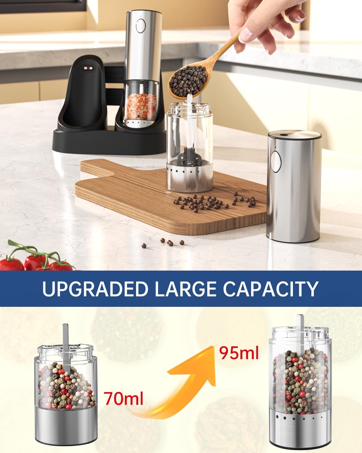 Electric Salt Pepper Grinder Set with 2-Speed LED Light Rechargeable Hygienic