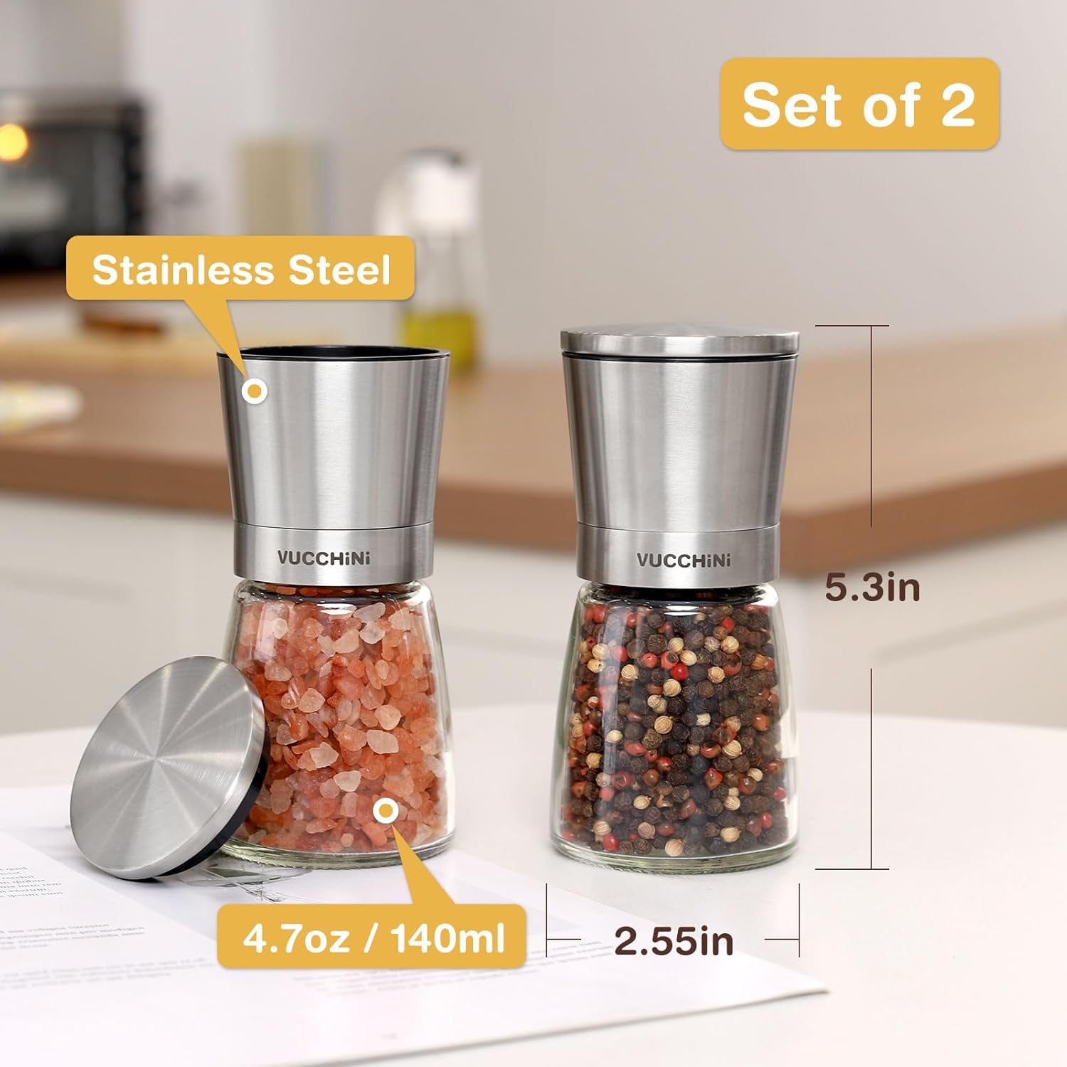 Adjustable Stainless Steel Salt Pepper Mill Set