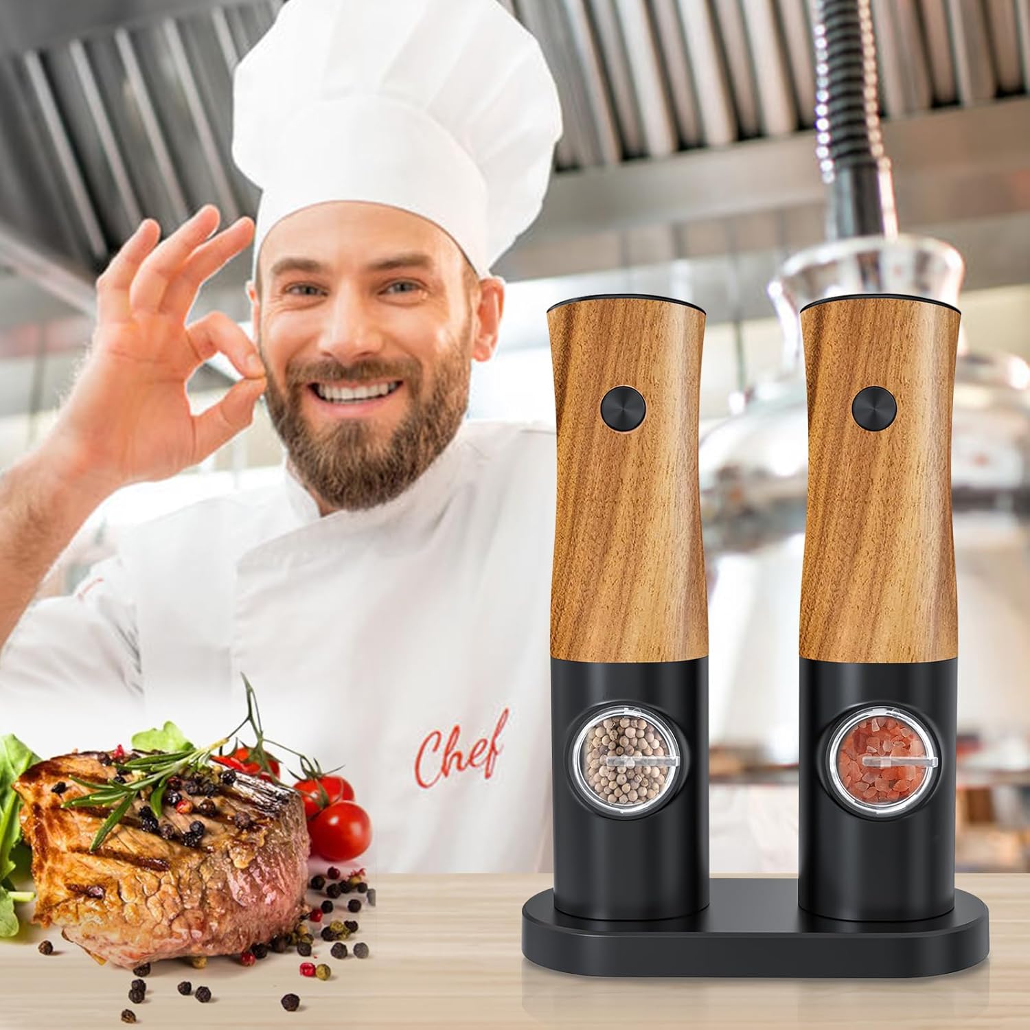 Electric Salt and Pepper Grinder Set - Auto Power 5-Adjustable Levels Durable