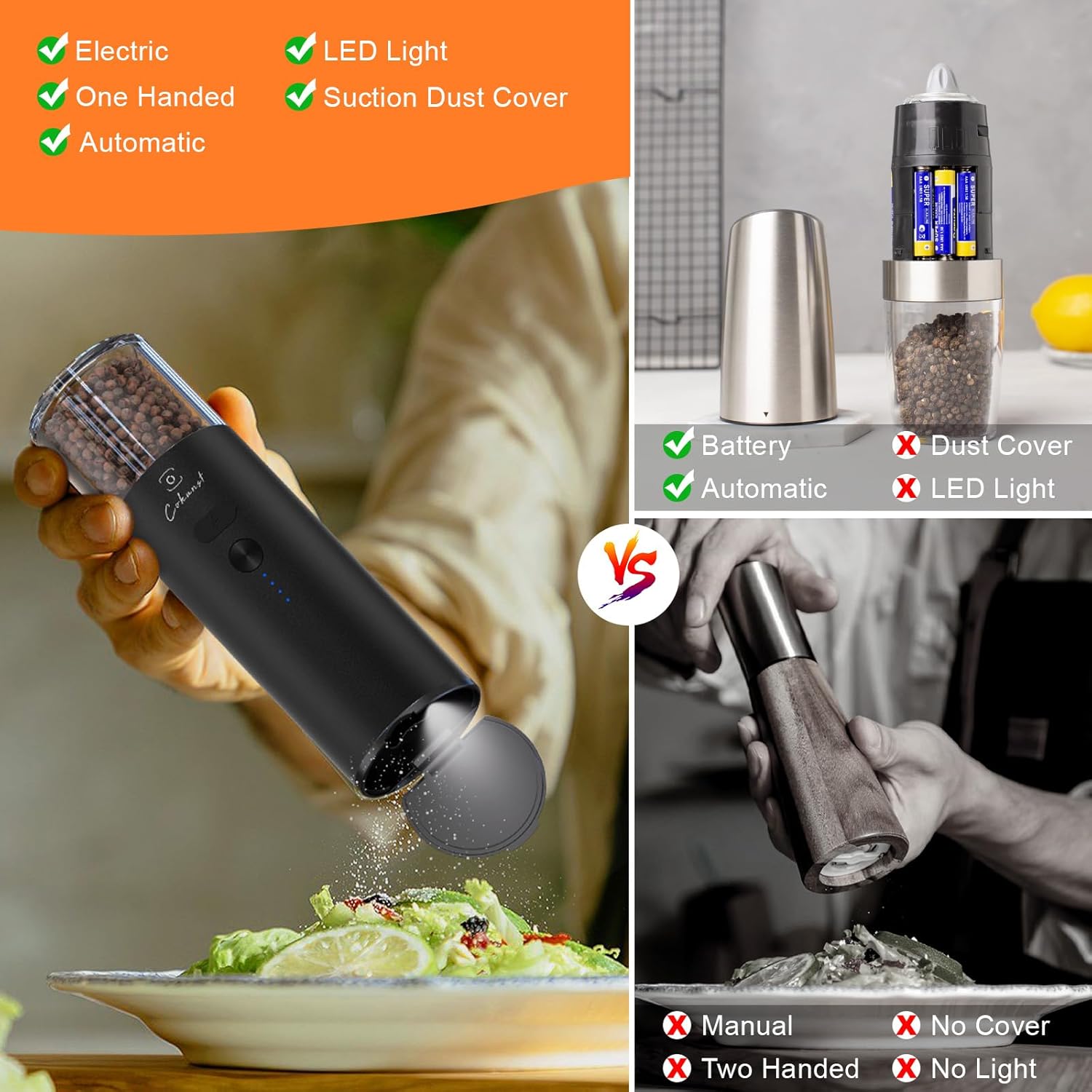 COKUNST Electric Pepper Grinder with Light and USB Rechargeable
