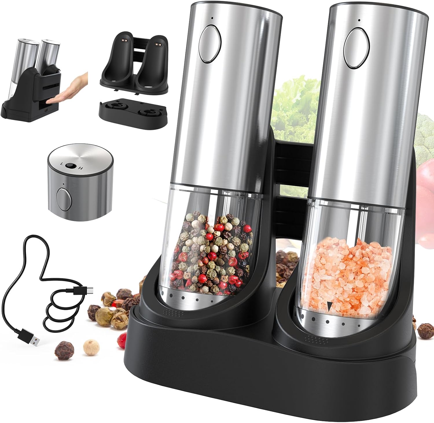 Electric Salt Pepper Grinder Set with 2-Speed LED Light Rechargeable Hygienic