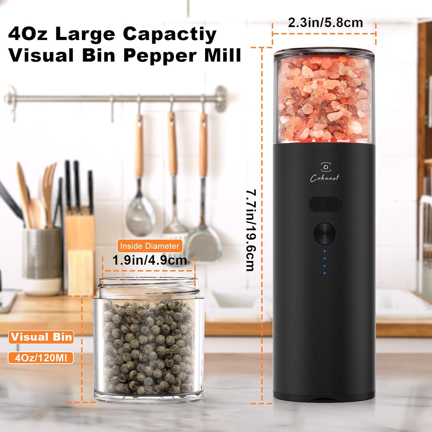COKUNST Electric Pepper Grinder with Light and USB Rechargeable