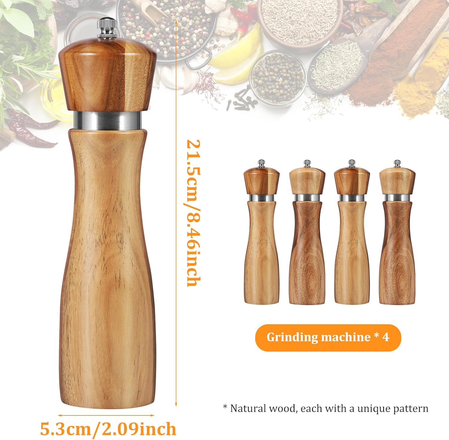 RVEFOT 4-Piece Acacia Wood Salt Pepper Grinders