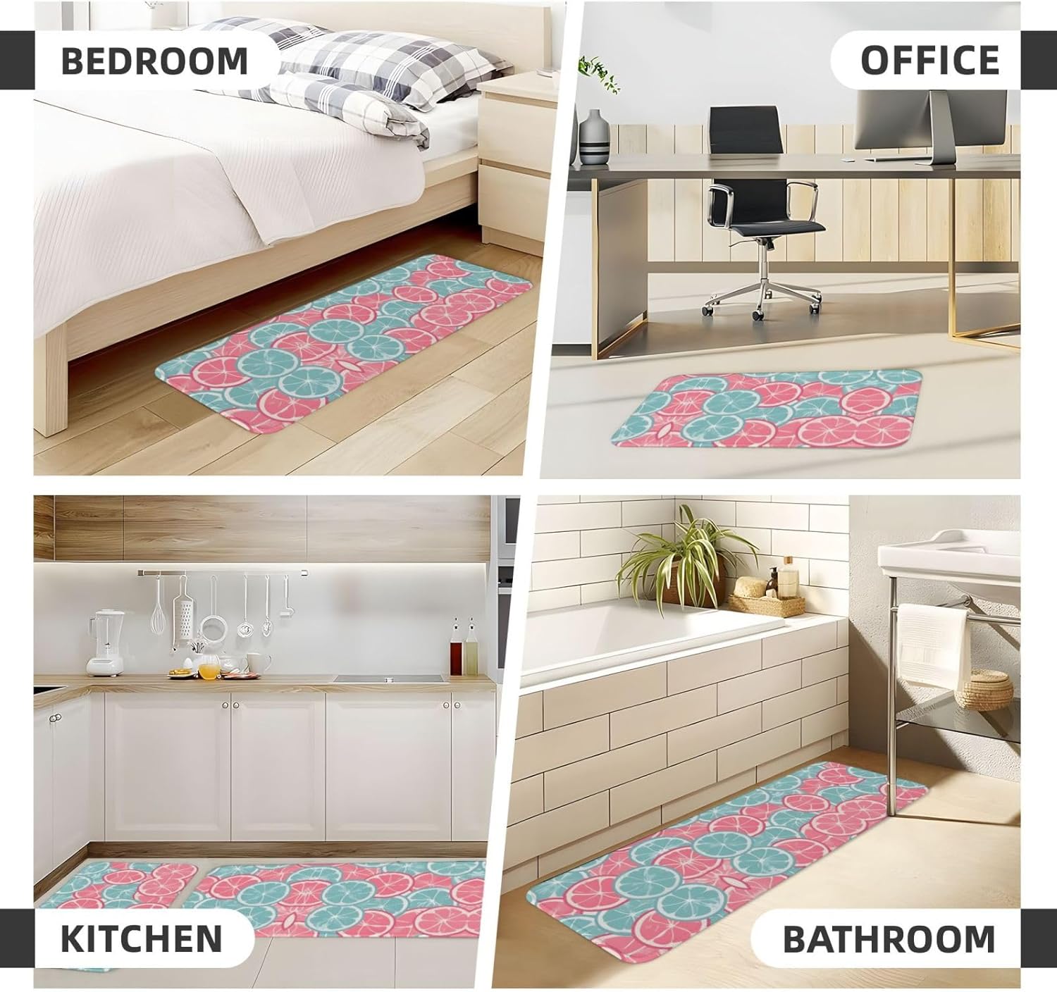 Relaxing Pink Blue Citrus Kitchen Mat with Non-Slip Waterproof Design