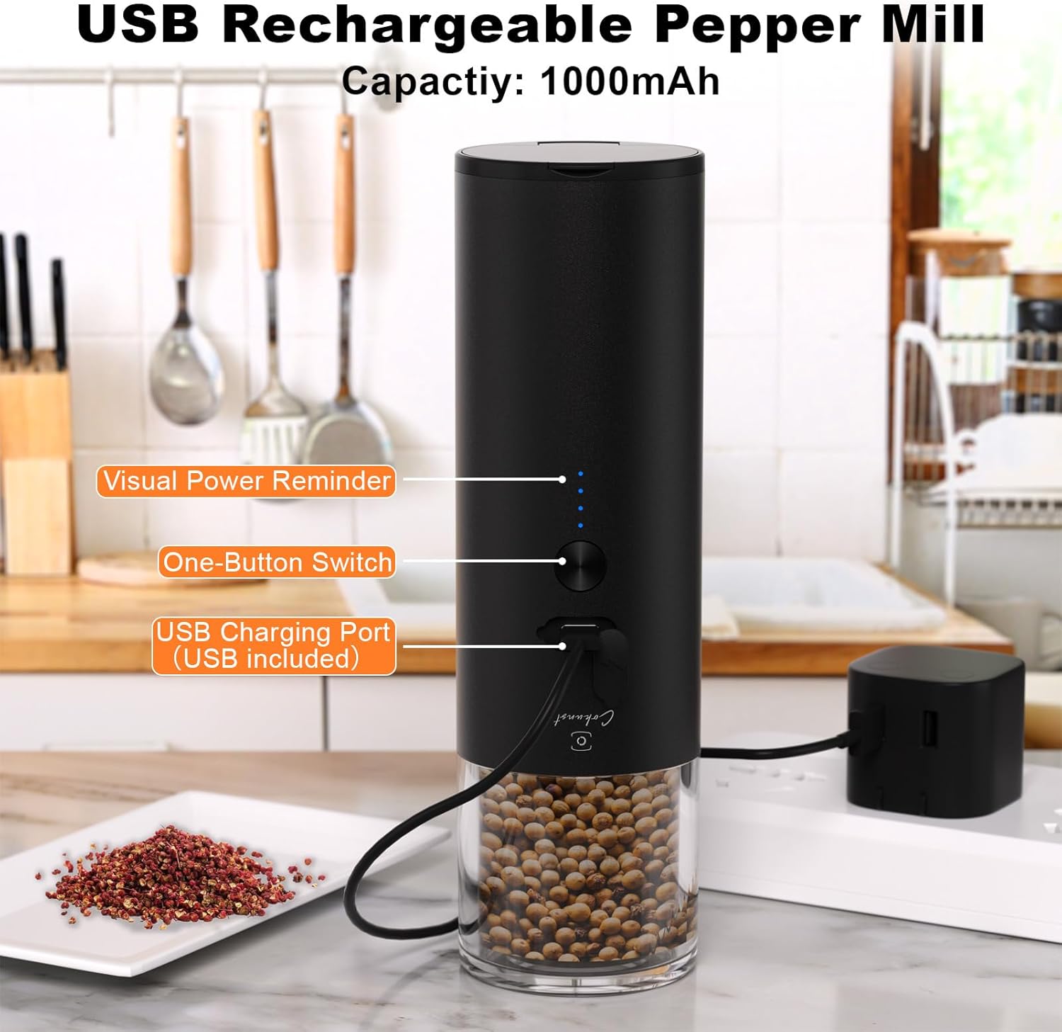 COKUNST Electric Pepper Grinder with Light and USB Rechargeable