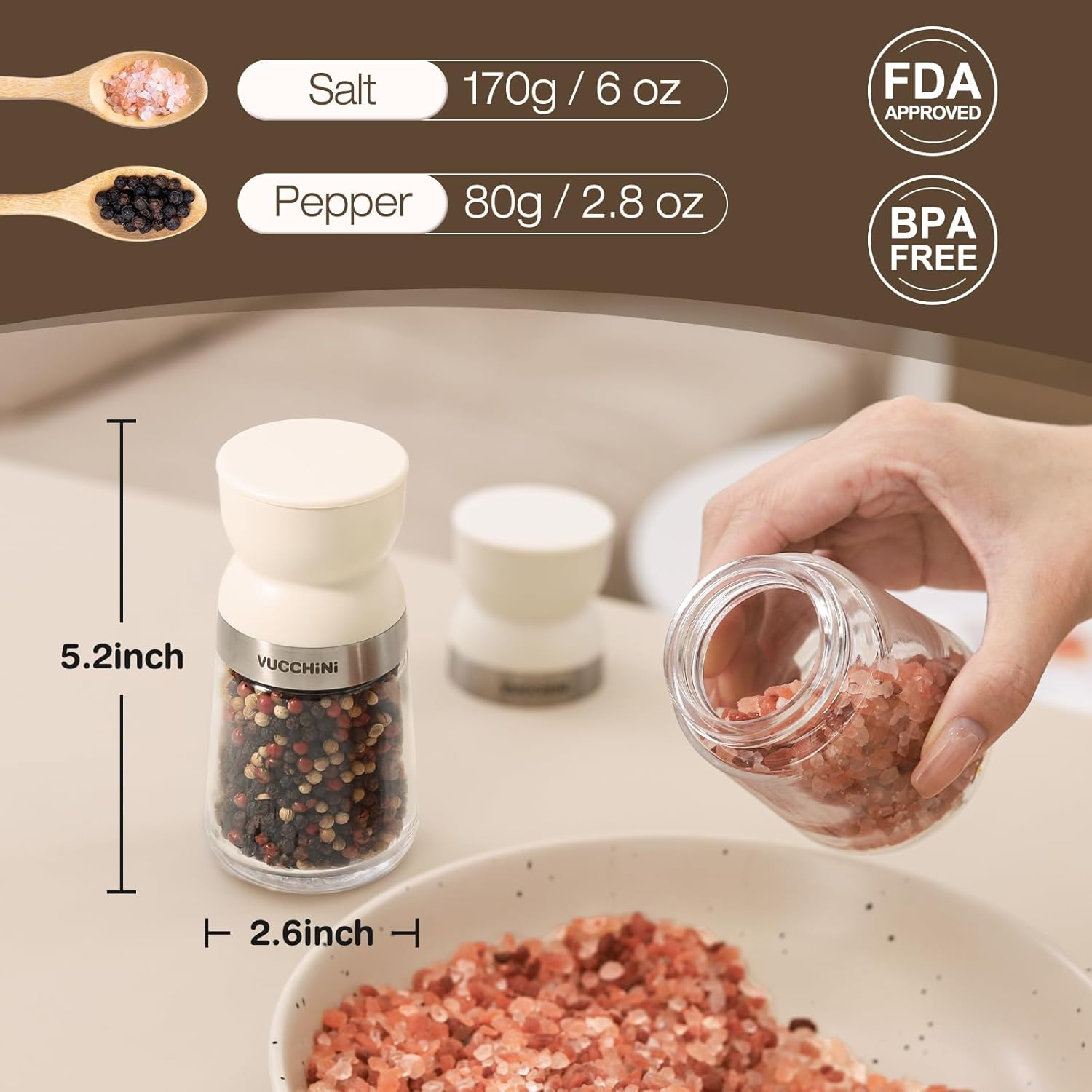 VUCCHINI Salt Pepper Grinder Set - Adjustable Coarseness