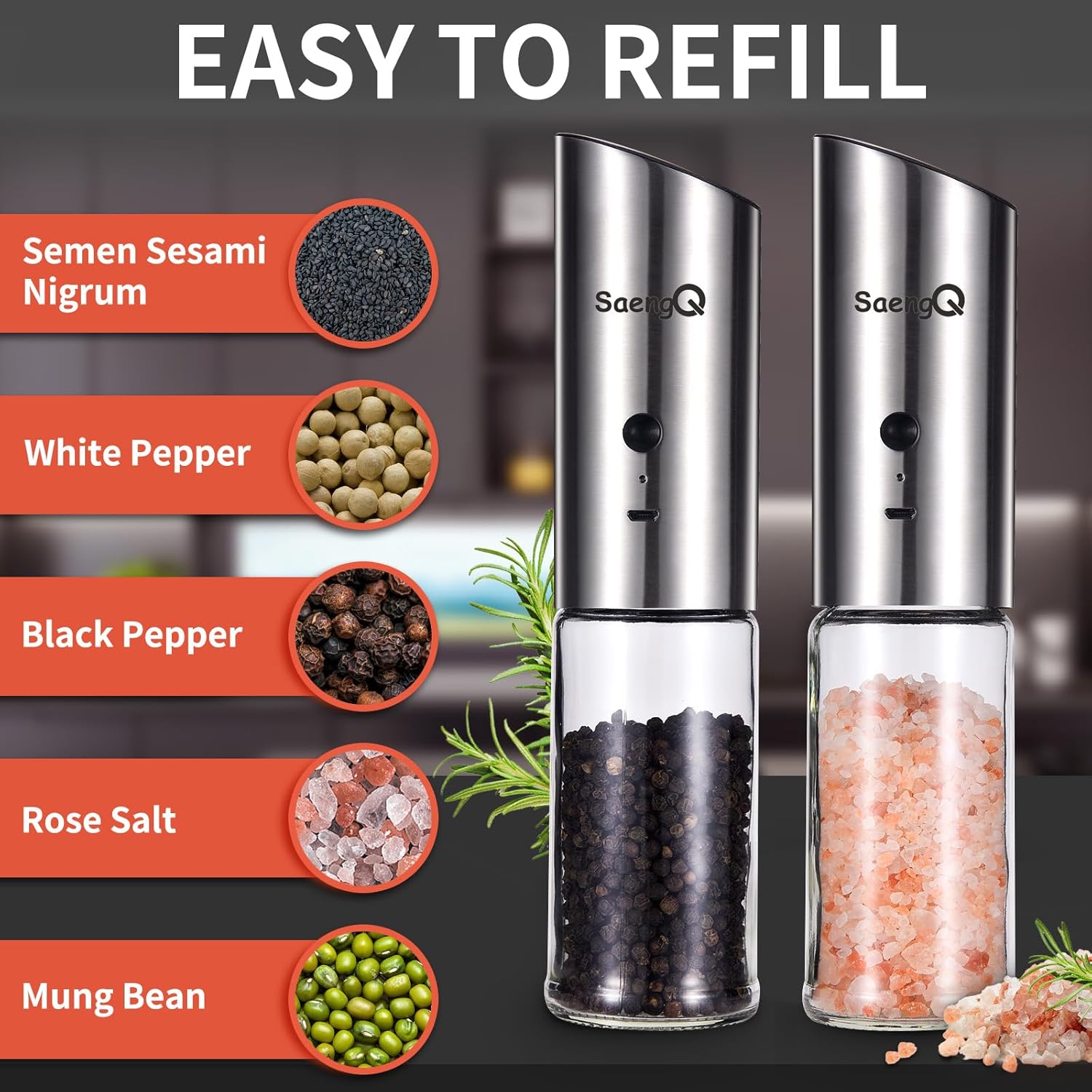 Electric Salt and Pepper Grinder Set with Adjustable Grinders
