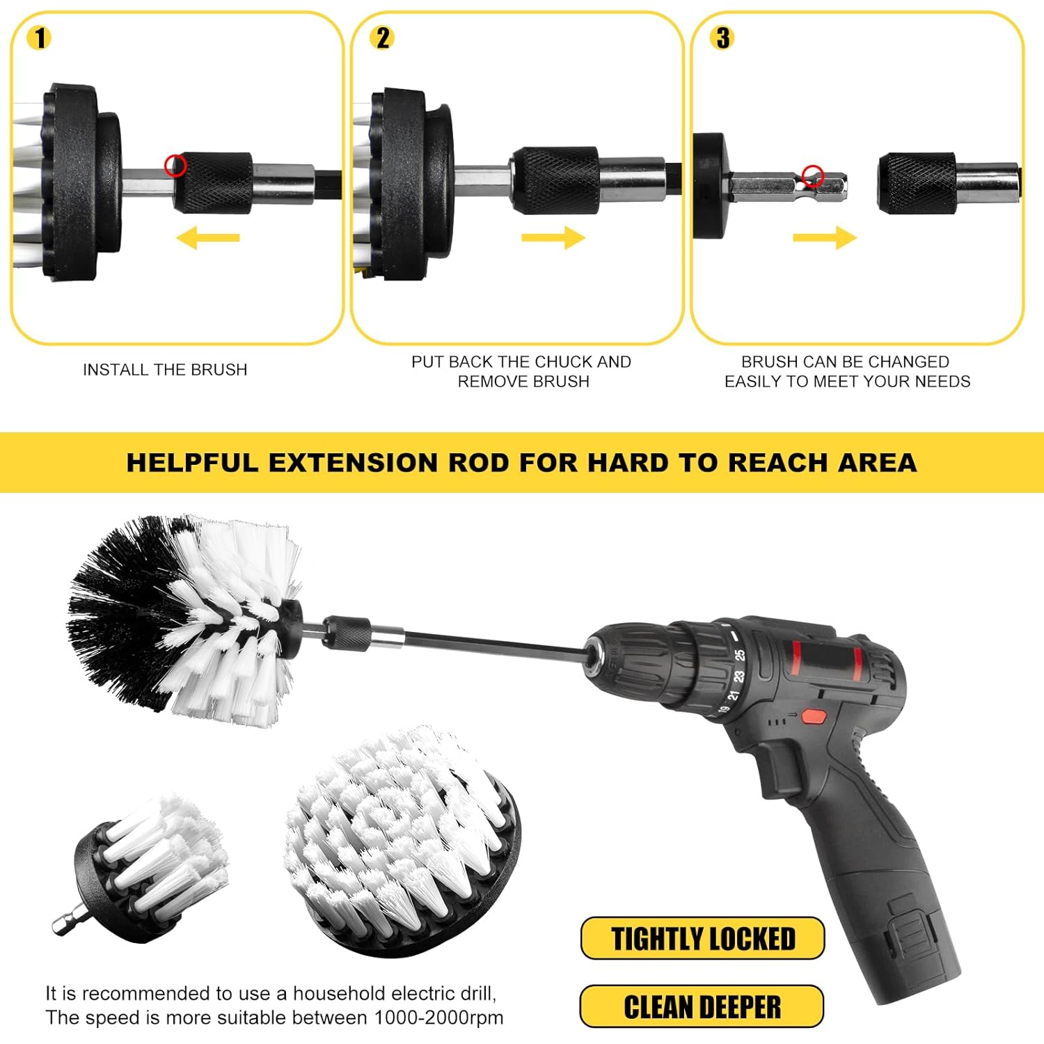 3-Piece Drill Brush Attachment Set White for Batrooms and Kitchens