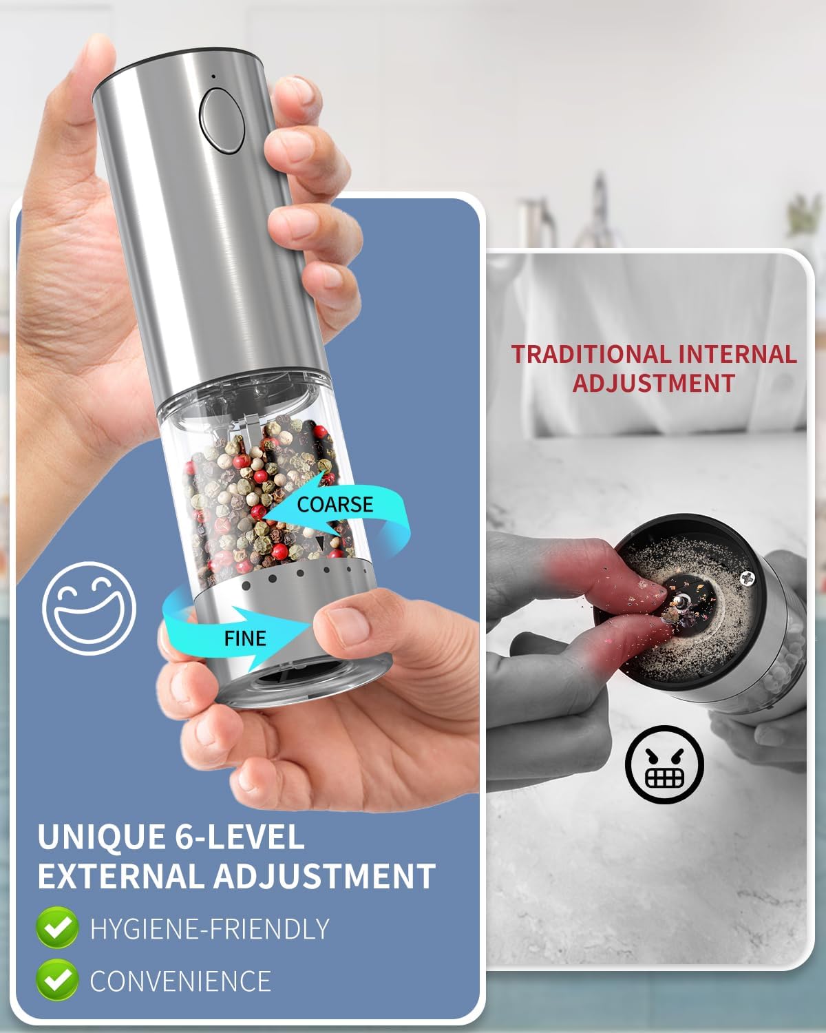 Electric Salt Pepper Grinder Set with 2-Speed LED Light Rechargeable Hygienic