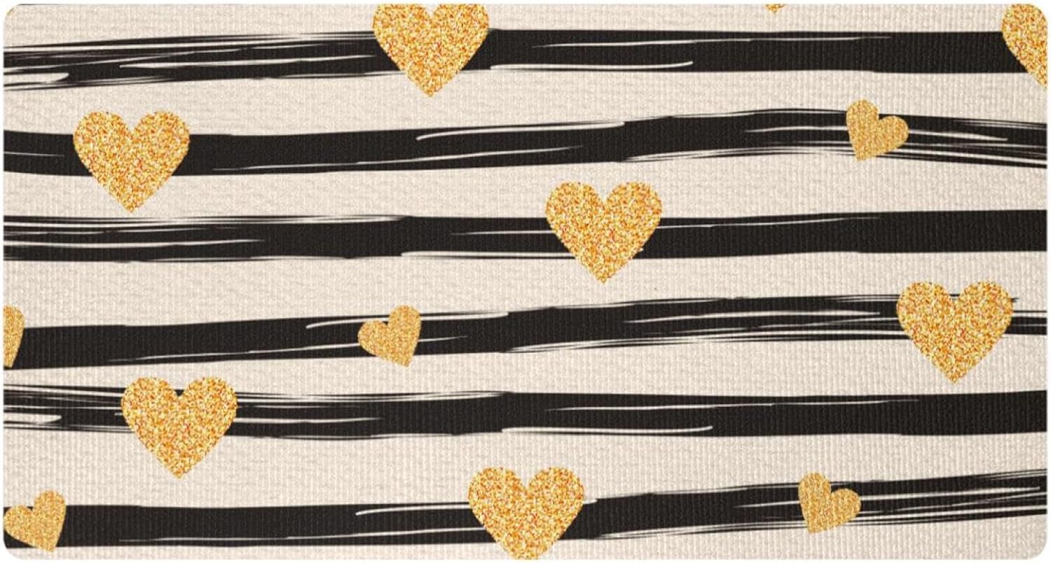 Stripes Golden Hearts Kitchen Mat