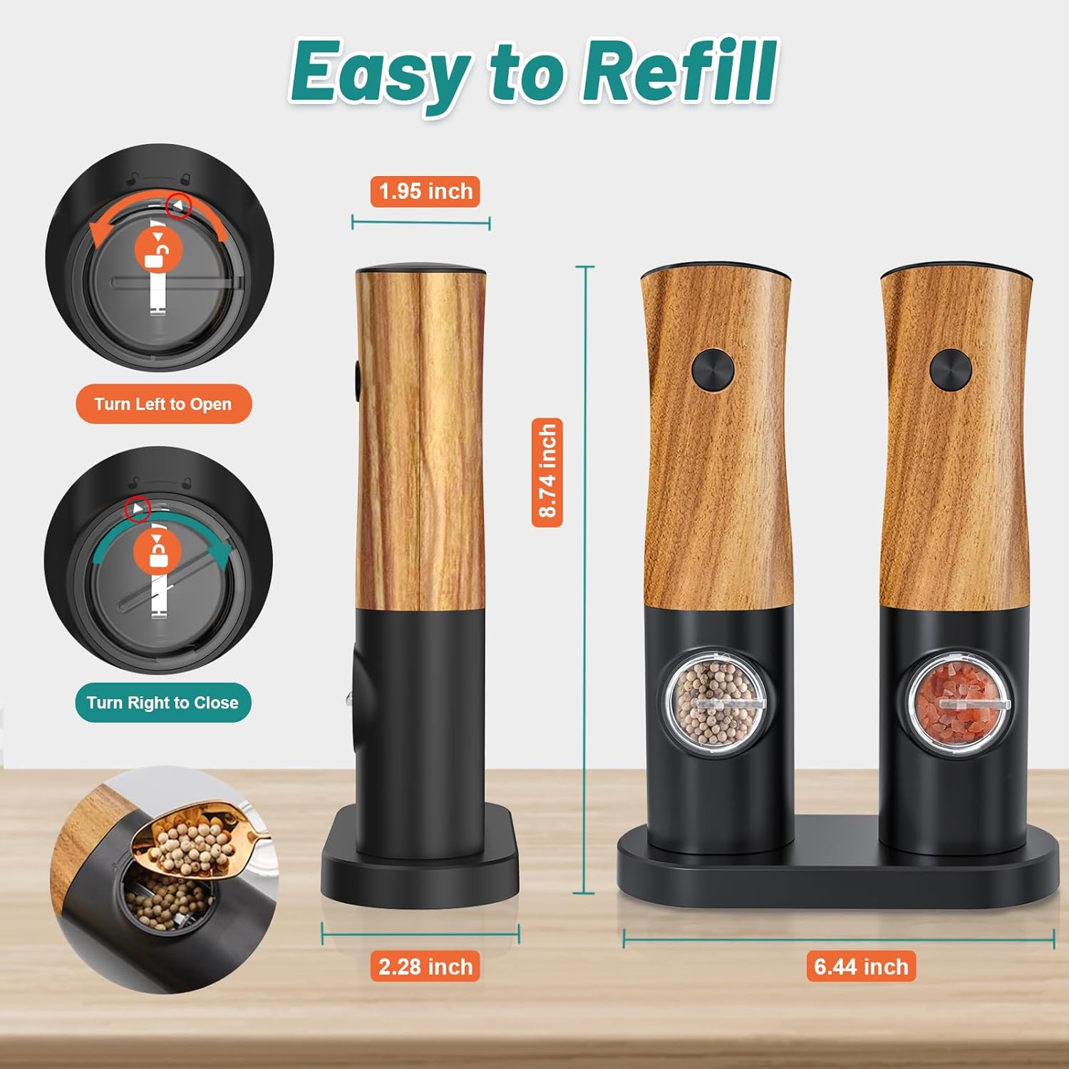 Electric Salt and Pepper Grinder Set - Auto Power 5-Adjustable Levels Durable