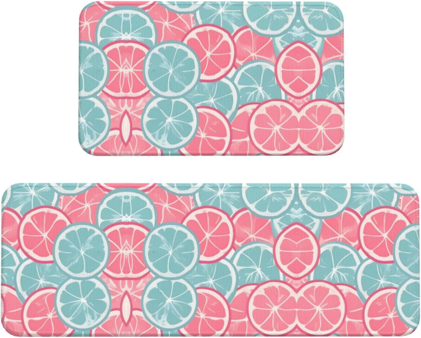 Relaxing Pink Blue Citrus Kitchen Mat with Non-Slip Waterproof Design