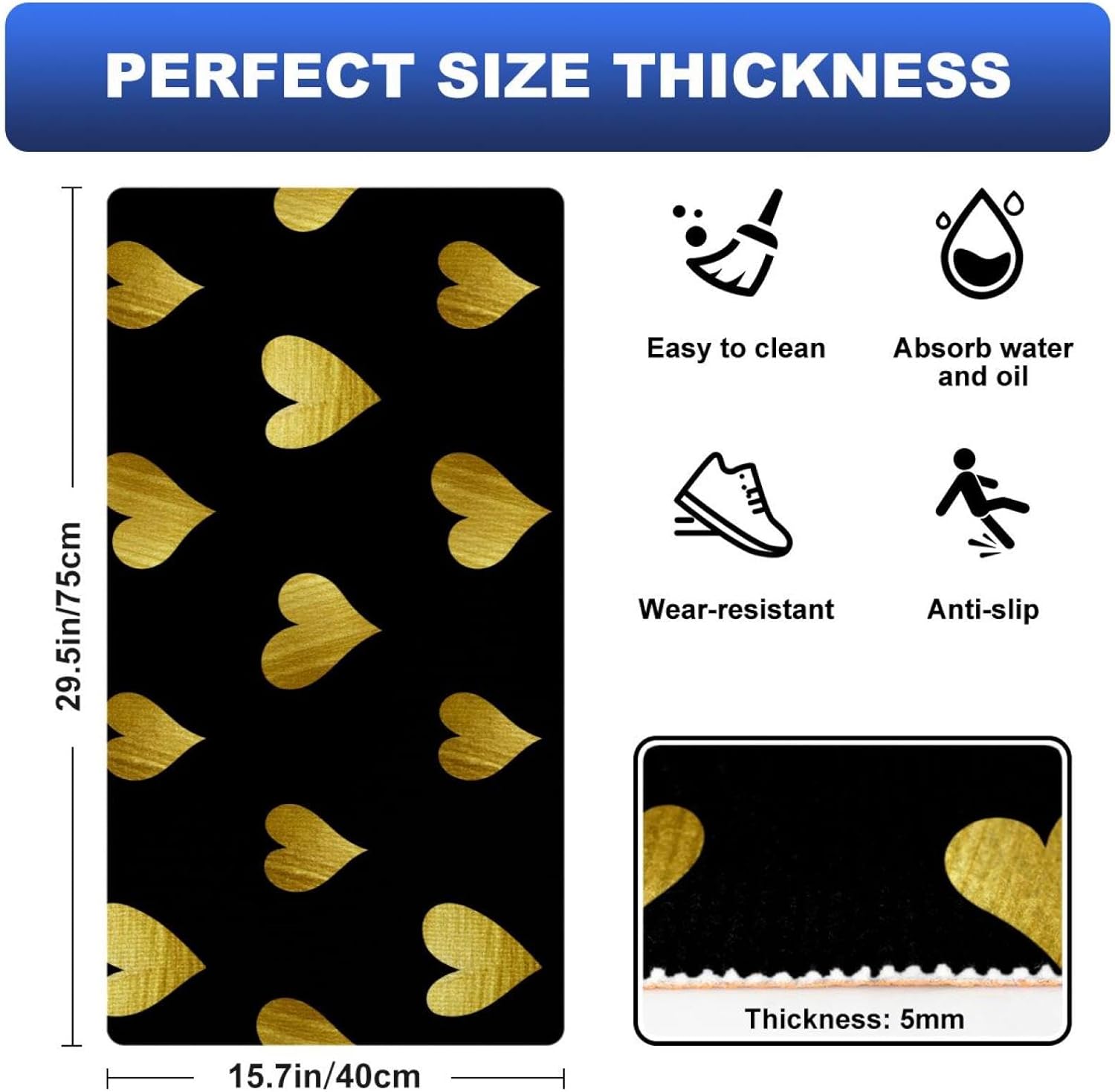 Golden Hearts Seamless Pattern Anti-Fatigue Kitchen Runner Mat