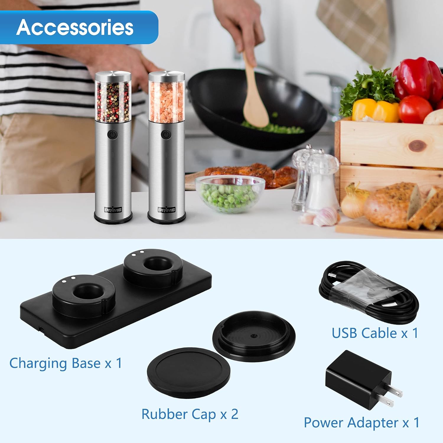 PrimeNew electric salt and pepper grinder set rechargeable with LED light