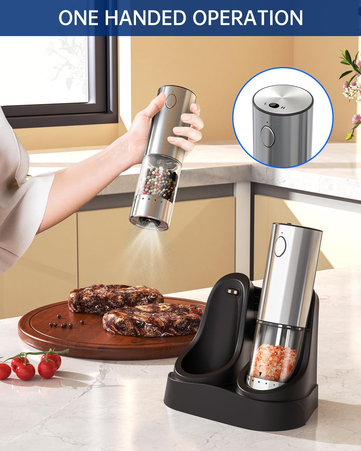Electric Salt Pepper Grinder Set with 2-Speed LED Light Rechargeable Hygienic