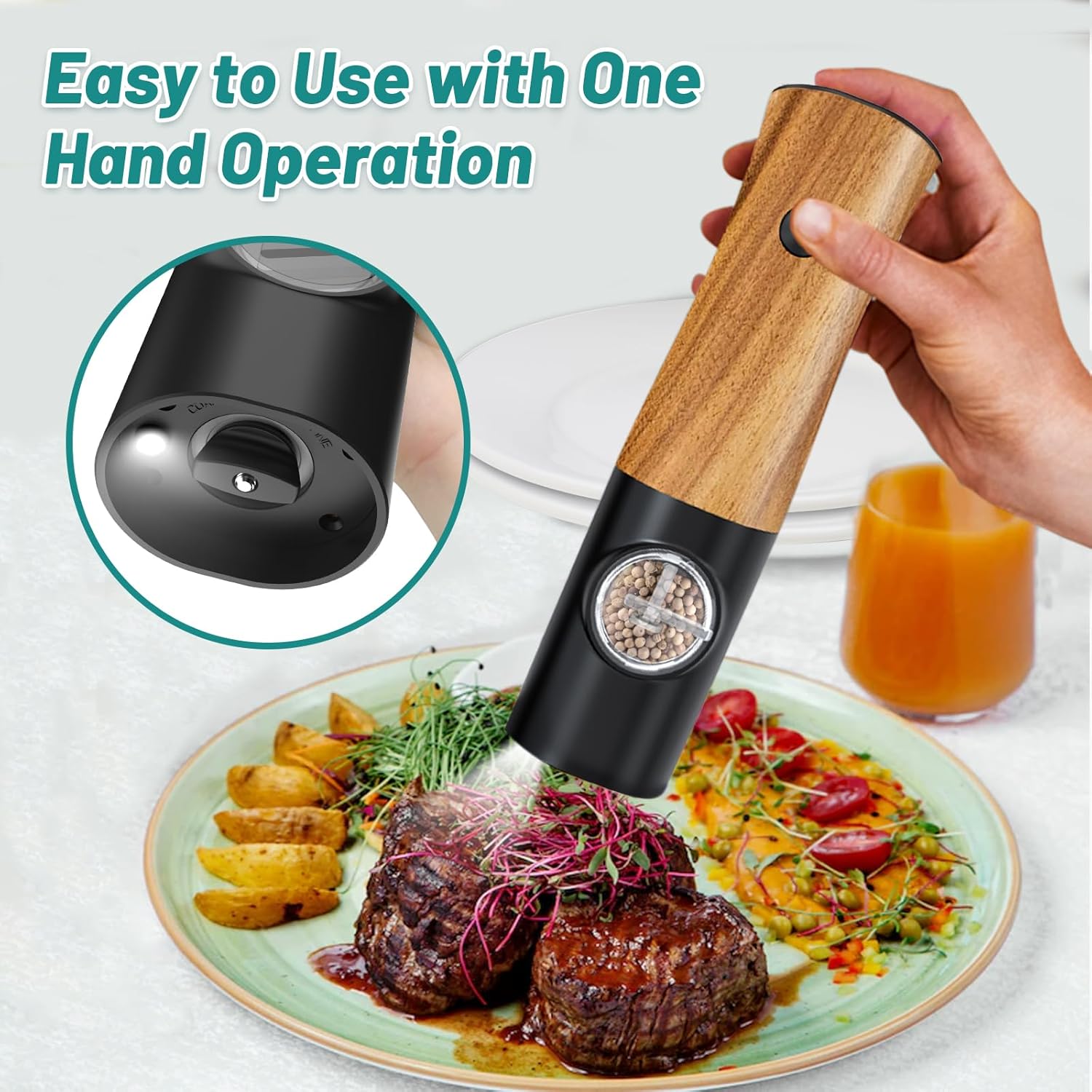 Electric Salt and Pepper Grinder Set - Auto Power 5-Adjustable Levels Durable