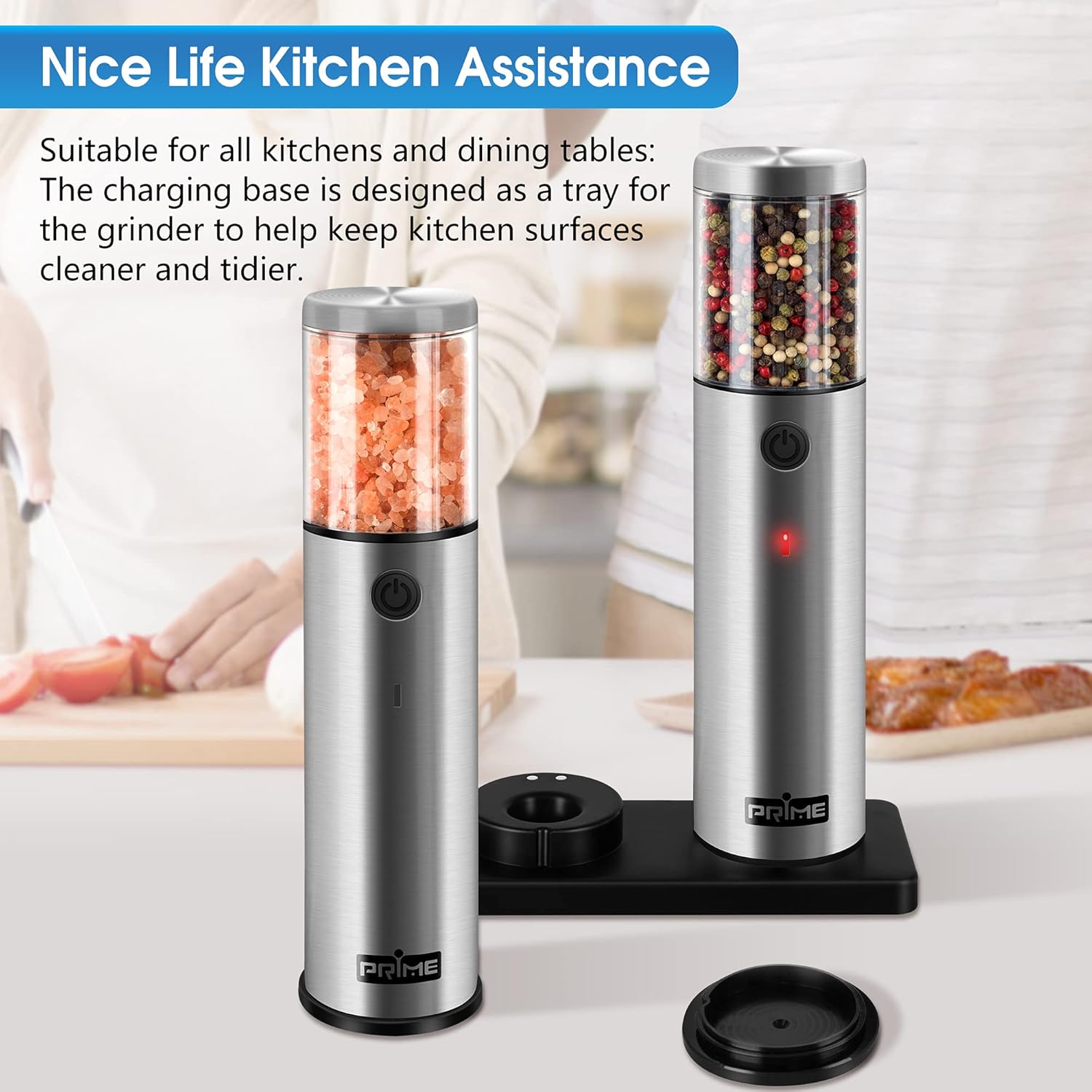 PrimeNew electric salt and pepper grinder set rechargeable with LED light